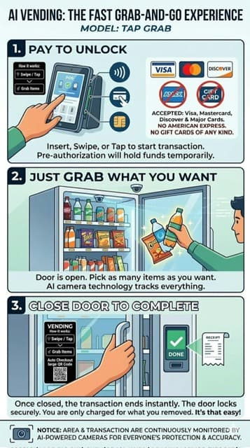 Flujo ilustrado de pago y cobro de vending inteligente