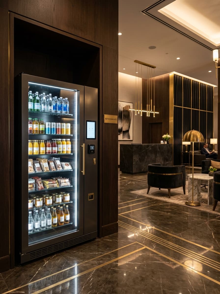 Conceptual smart vending machine in a luxury hotel lobby