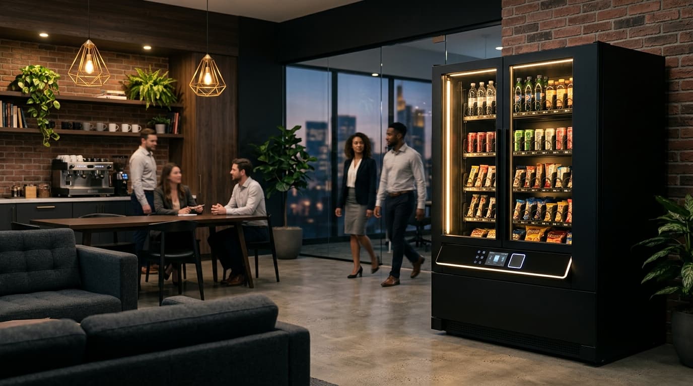 Conceptual smart vending machine in a modern office break room