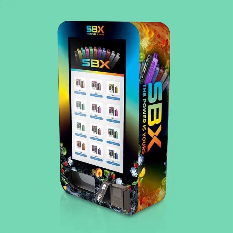 Client-supplied age-restricted vape and nicotine vending machine with branded wrap